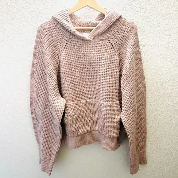 Abercrombie & Fitch Lounge Waffle Knit Hoodie Sweater Pink Mauve Oversized Sz L - Picture 2 of 5